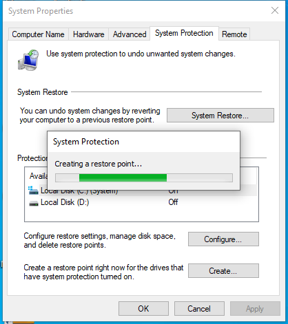 How To Create A Restore Point In Windows 10 - Creating A Restore Point In Progress