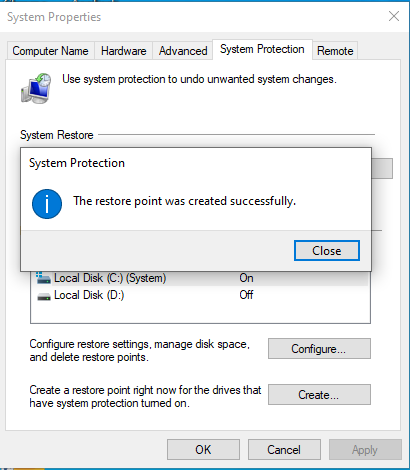 How To Create A Restore Point In Windows 10 - Restore Point Created Successfully.