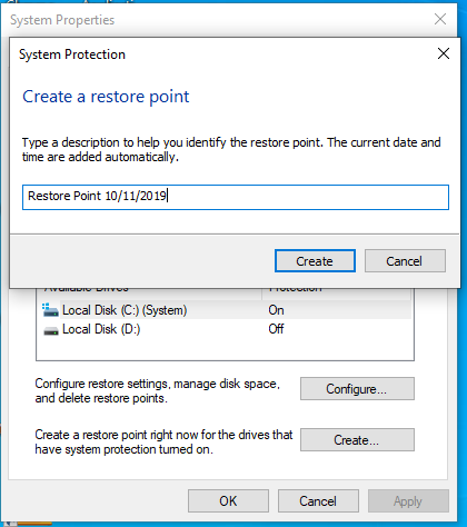 How To Create A Restore Point In Windows 10 - Type a description and click create.