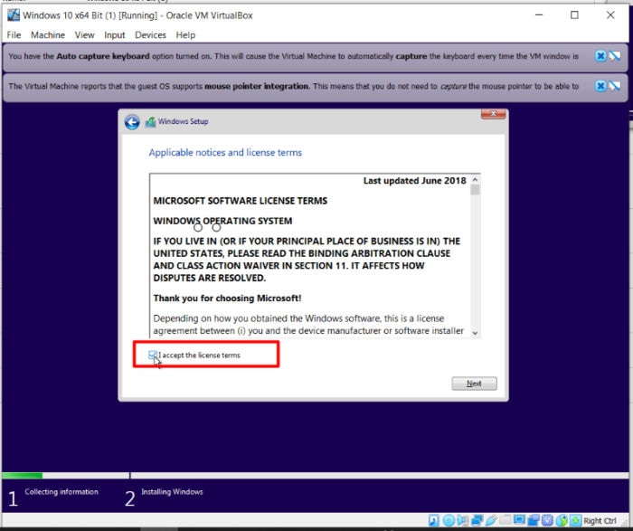 How To Install Windows 10 On Oracle VM VirtualBox - Accept License Terms