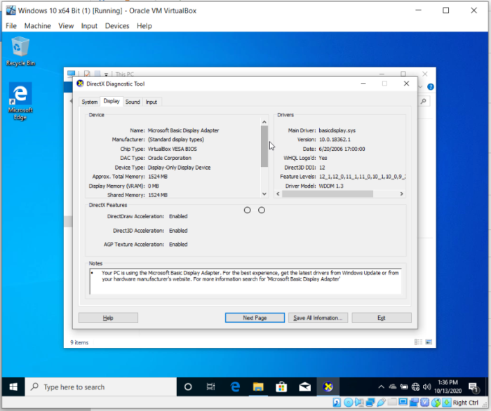 How To Install Windows 10 On Oracle VM VirtualBox - DxDiag Display