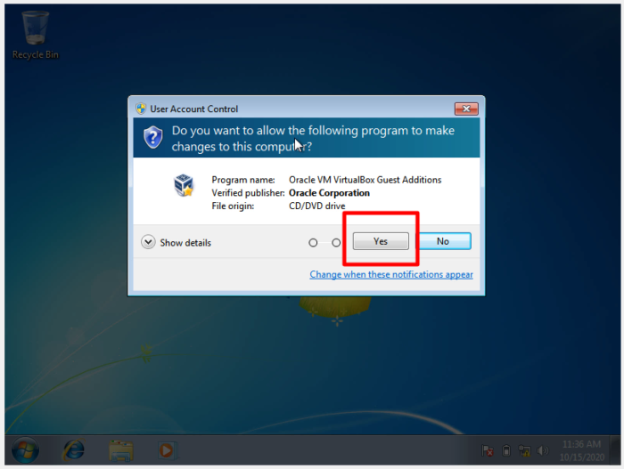 How to Install Windows 7 x64 Bit Ultimate On Oracle VM VirtualBox - Confirm User Account Control