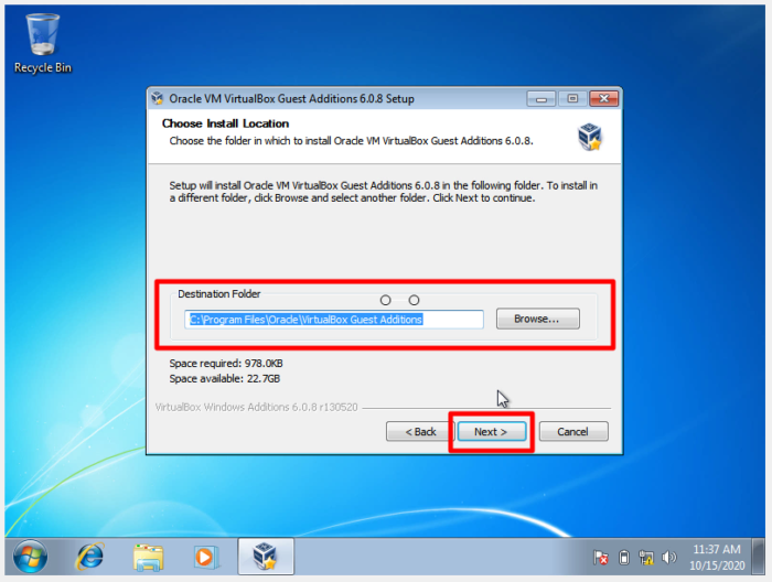 How to Install Windows 7 x64 Bit Ultimate On Oracle VM VirtualBox - Destination Then Next