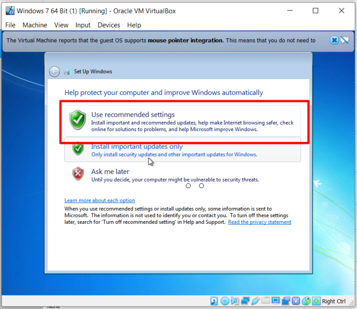 How to Install Windows 7 x64 Bit Ultimate On Oracle VM VirtualBox - Use recommended settings