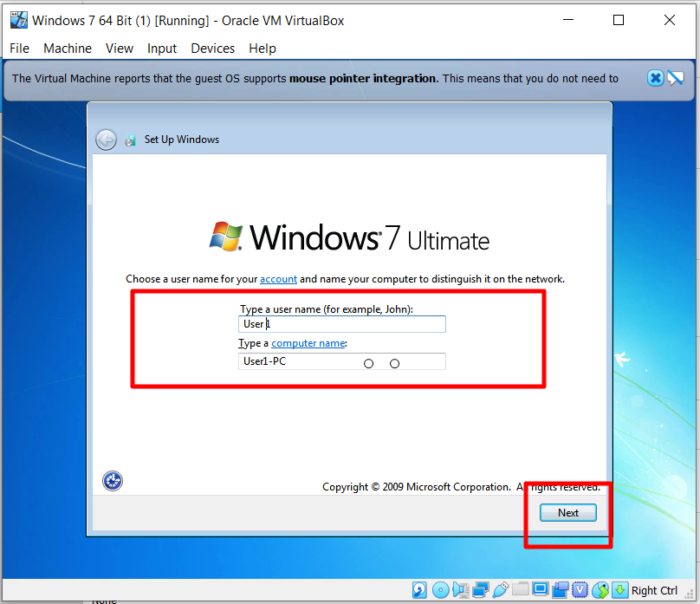 How to Install Windows 7 x64 Bit Ultimate On Oracle VM VirtualBox - Username and Computer name